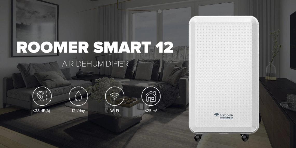 Un deumidificatore Roomer Smart 12 compatto di MyCond progettato per uso residenziale interno.