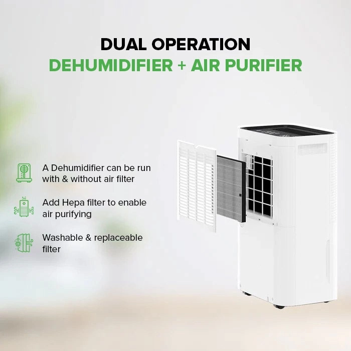 Il deumidificatore compatto MyCond Roomer Hepa 25 in uno spazio abitativo moderno.