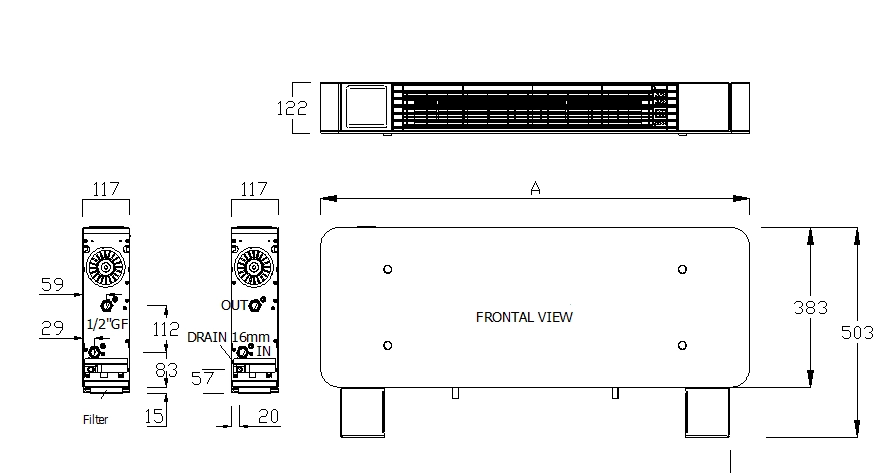 Schema delle dimensioni dei ventilatori a piantana MyCond silver glass serie bassa.