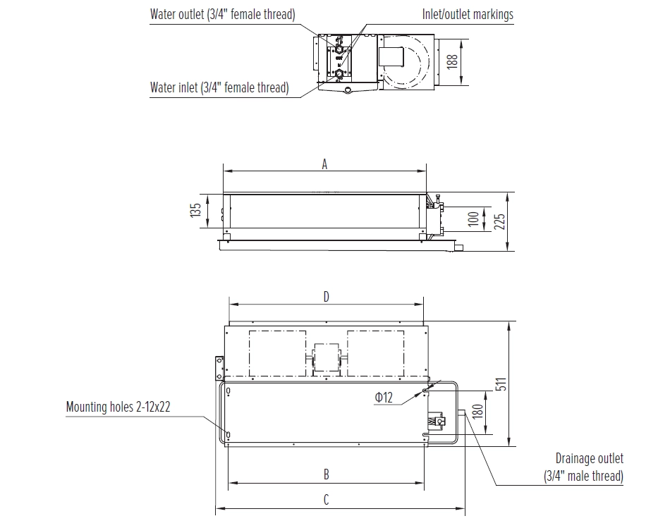 Schema delle dimensioni dei ventilconvettori da canale Medium ESP serie MyCond MCFC.