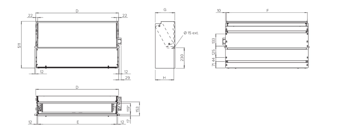 Schema delle dimensioni del ventilconvettore MyCond serie SEC/F.