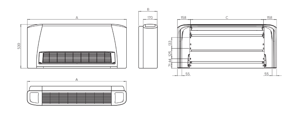 Schema delle dimensioni dei ventilconvettori della serie MyCond SEC/F.
