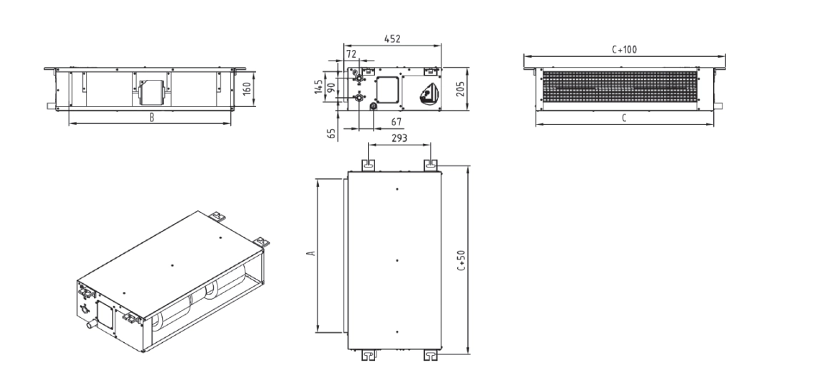 Schema delle dimensioni del ventilconvettore da condotto della serie MyCond MCFDS.