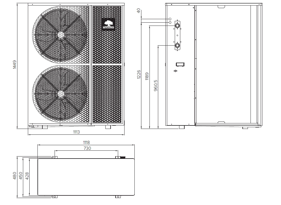 Dimensioni e specifiche dellunità esterna MyCond BeeThermic.