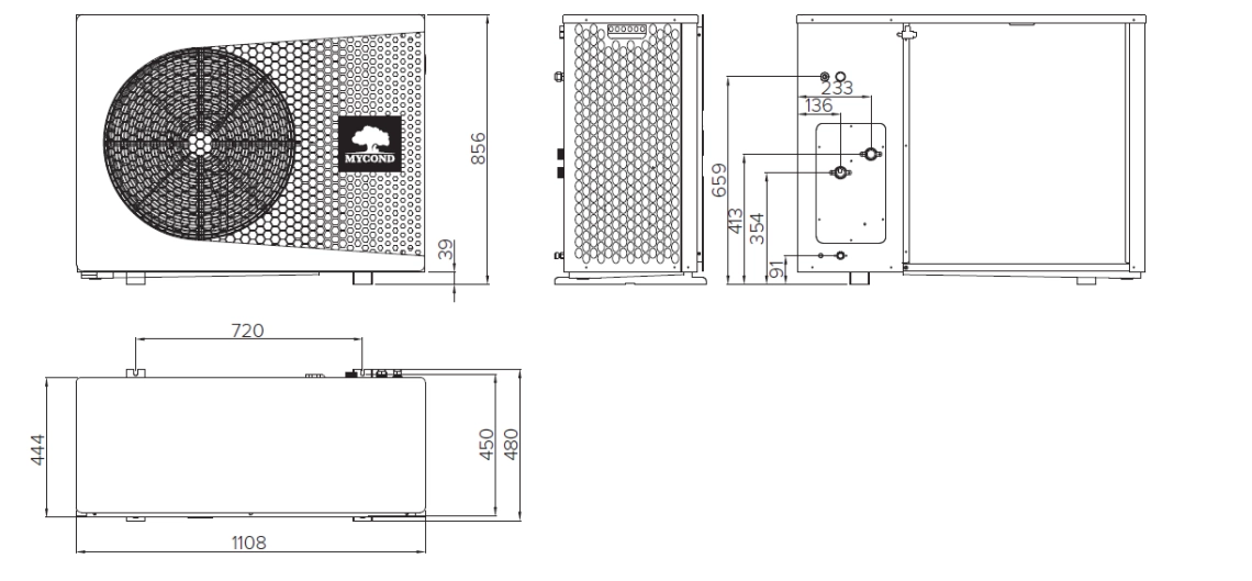 Schema delle dimensioni delle pompe di calore monoblocco della serie MyCond BeeThermic.