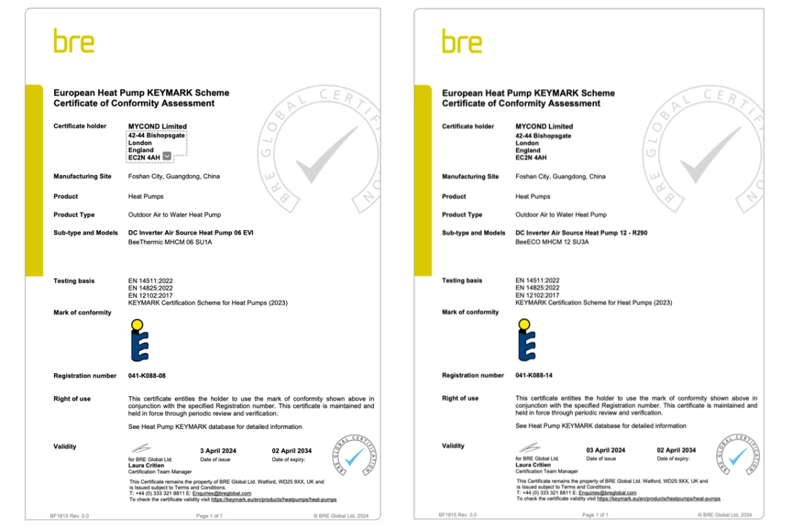 Pompe di calore Mycond certificate Keymark per conformità all'efficienza.