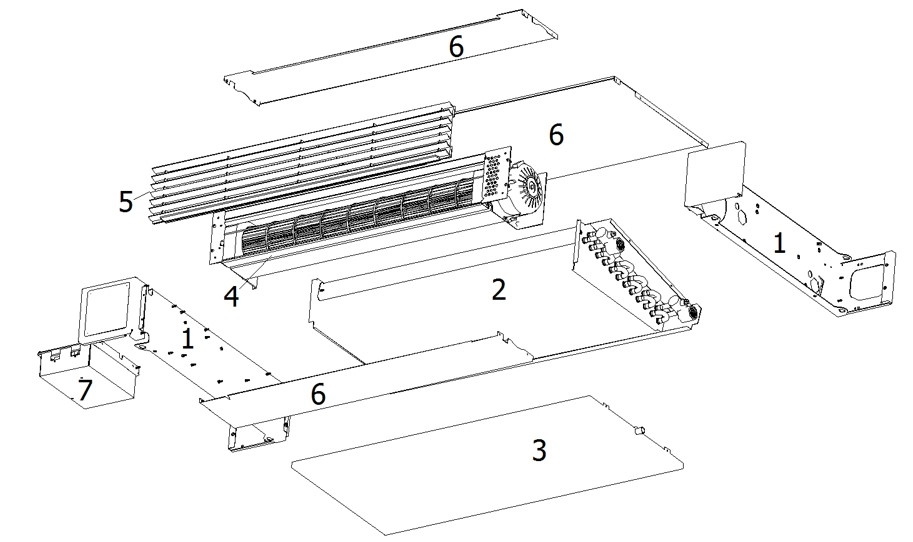 Componenti interni del ventilconvettore a pavimento MyCond serie Silver Glass.