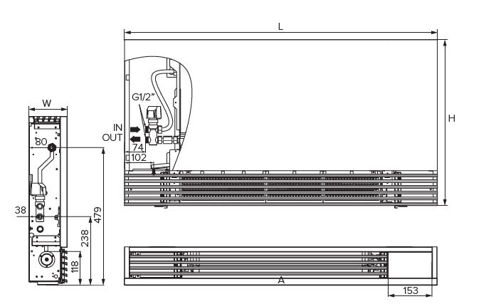 MyCon Silent Diagramma che mostra le dimensioni dei ventilconvettori a pavimento della serie silent.