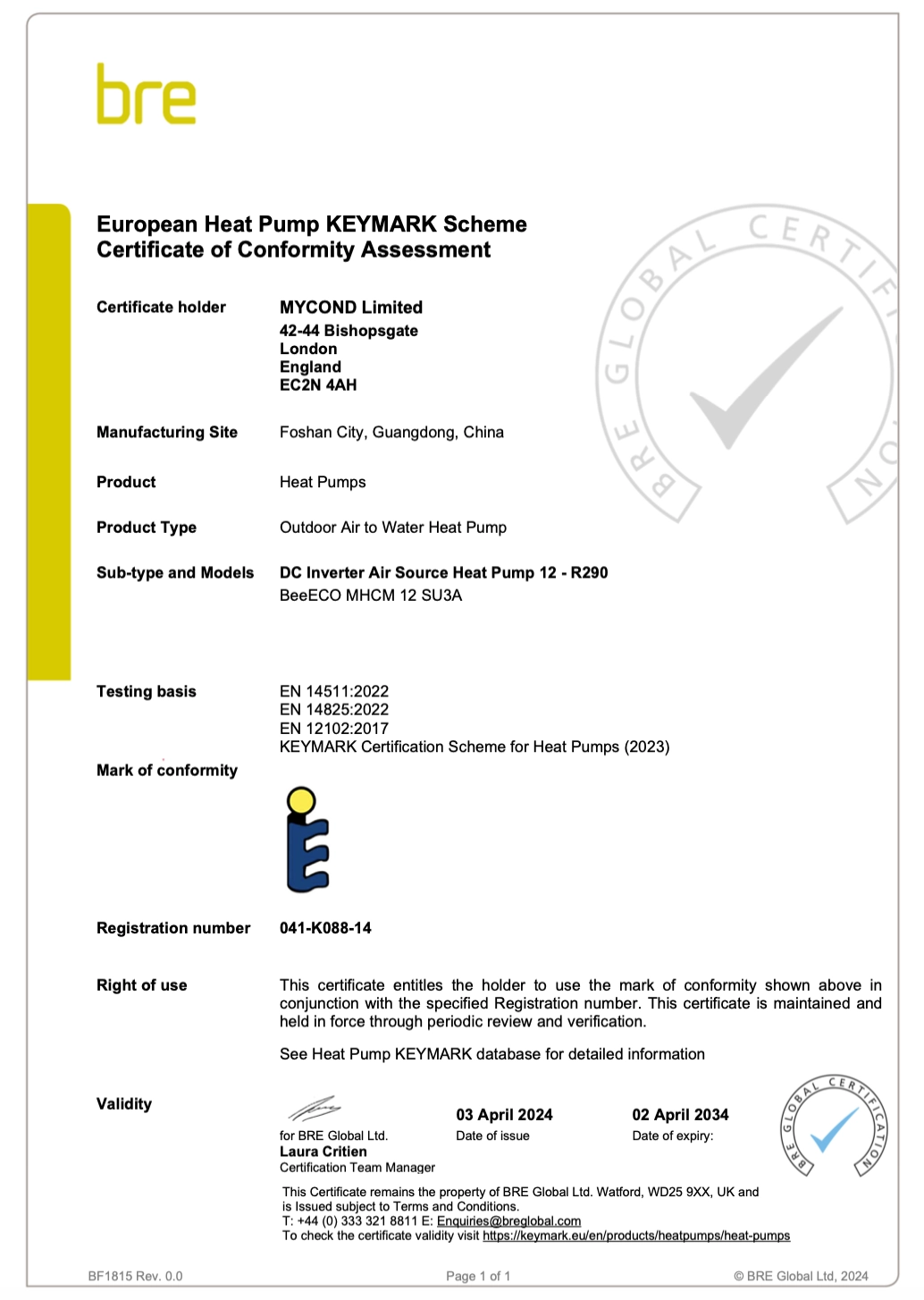 Mycond BeeEco certificato di conformità KEYMARK