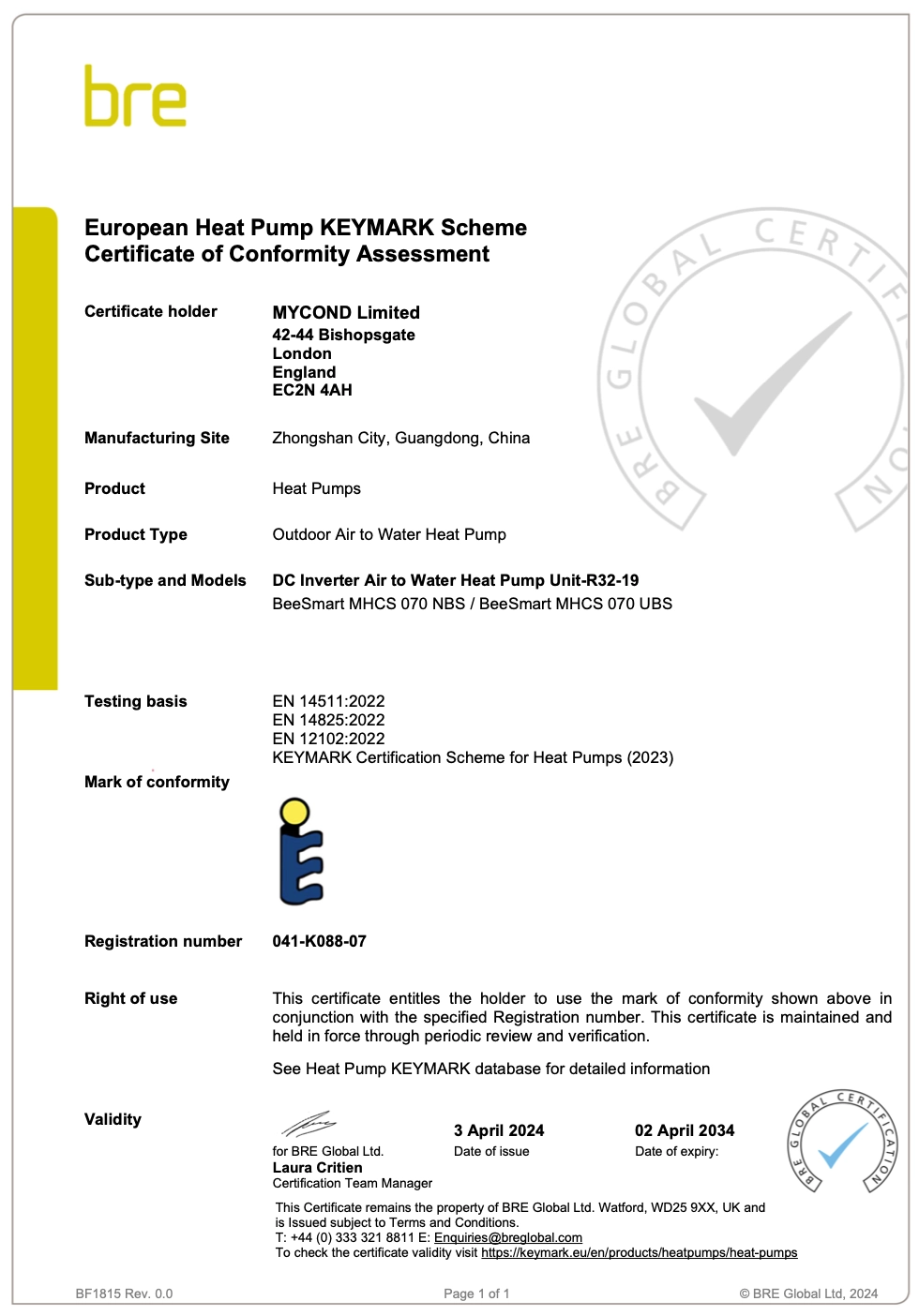 Certificato MyCond BeeSmart All-in-One KEYMARK