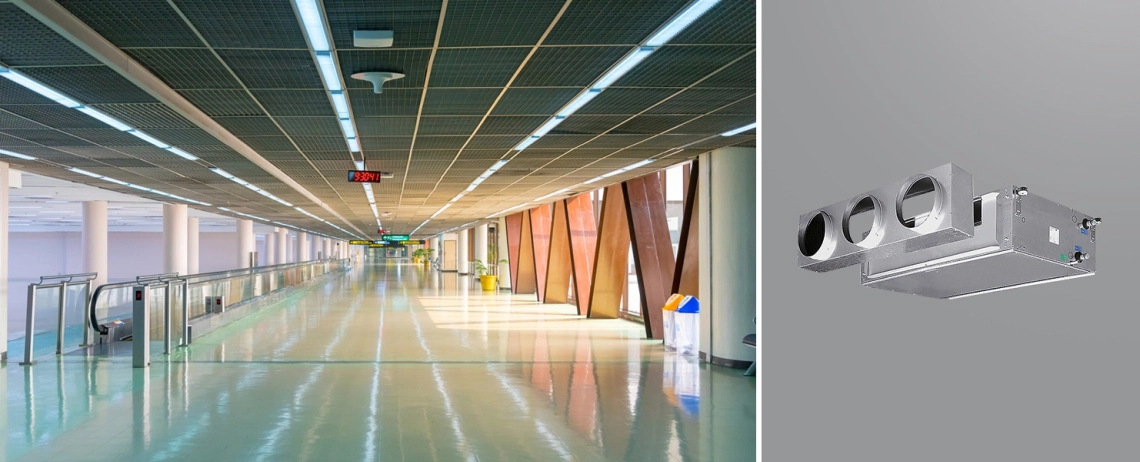 MyCond DFCL Un ventilconvettore a condotto ad alta ESP installato in un aeroporto.