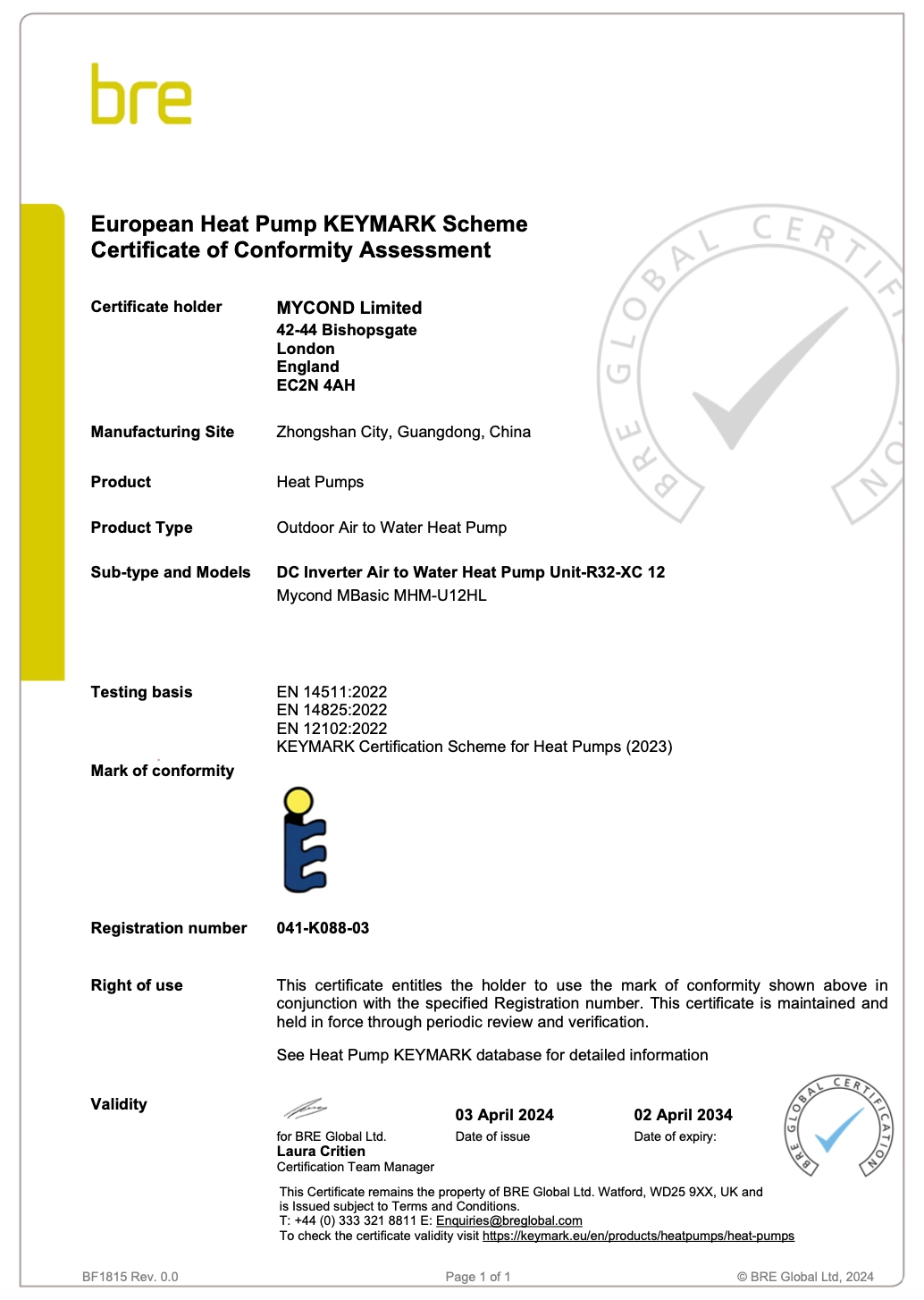 MyCond MBasic certificato di conformità KEYMARK