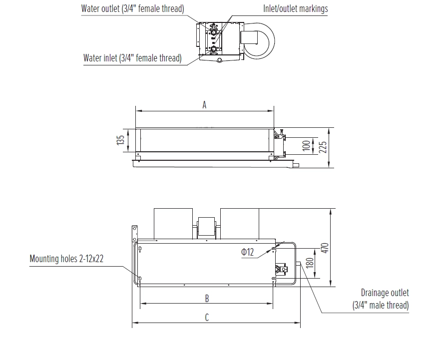 MyCond MCFC Diagramma del ventilconvettore Medium ESP Dimensioni e specifiche.