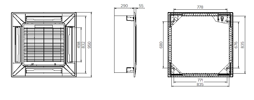 MyCond MCFK-T2 Design elegante del ventilconvettore a cassetta a 4 vie da soffitto.
