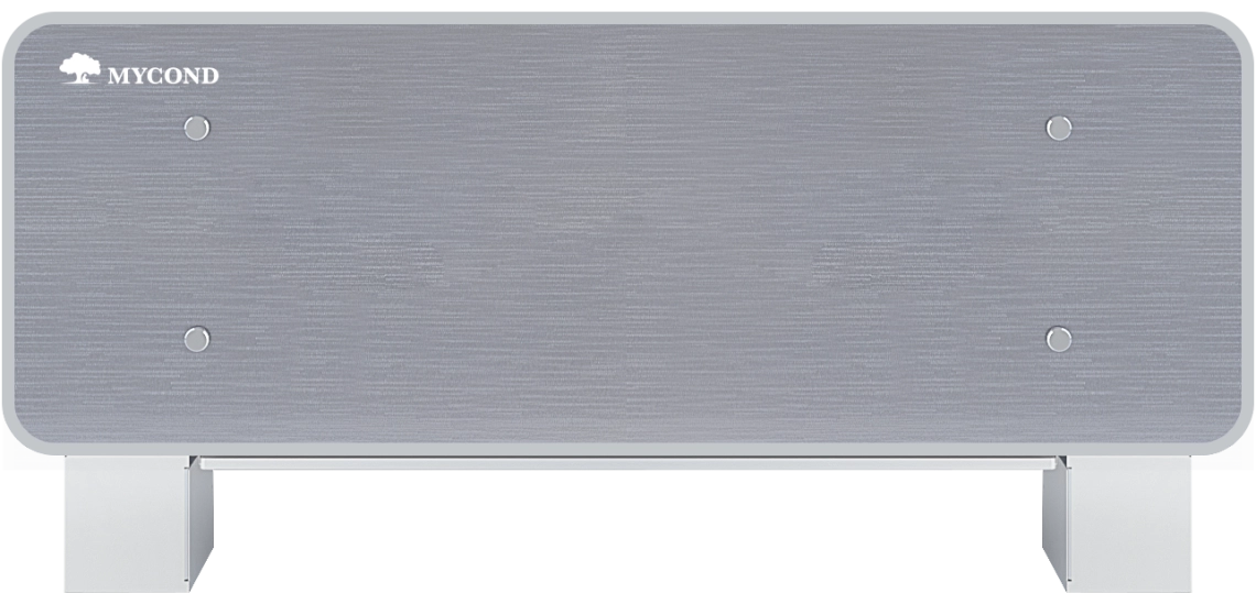 MyCond Silver Glass Low Elegante ventilconvettore in vetro argentato per una climatizzazione efficiente.