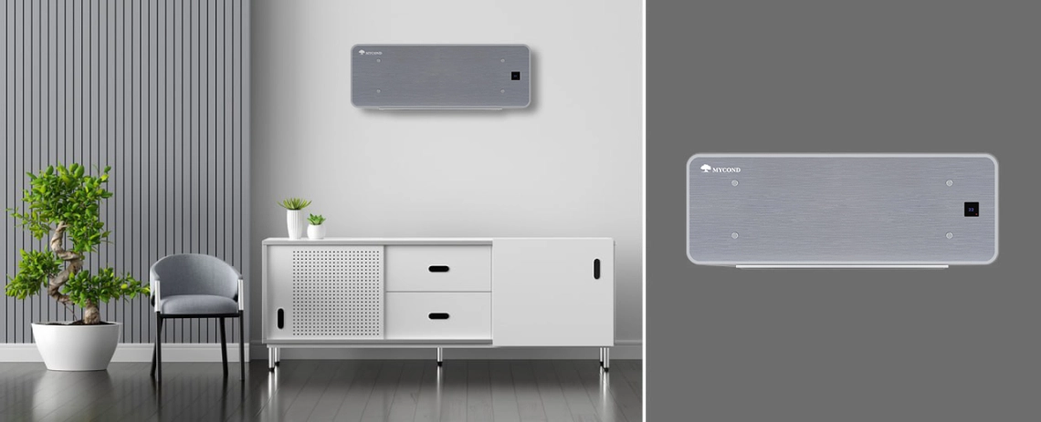 MyCond Silver Glass Wall Ventilconvettore ultrasottile con design in vetro argentato e comandi intuitivi.